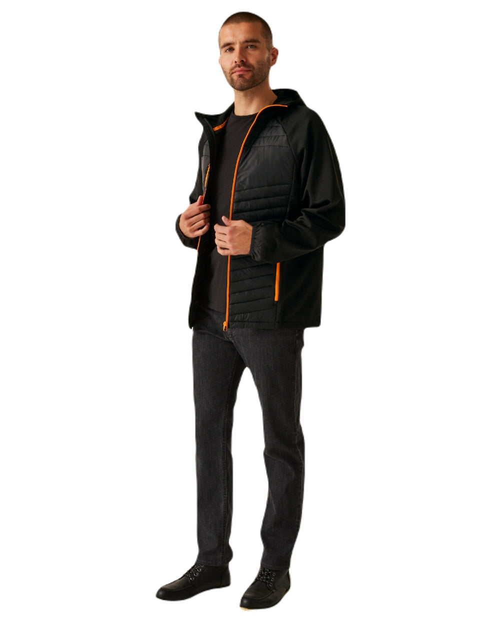Black Orange Pop coloured Regatta Mens Navigate Hybrid Jacket on white background