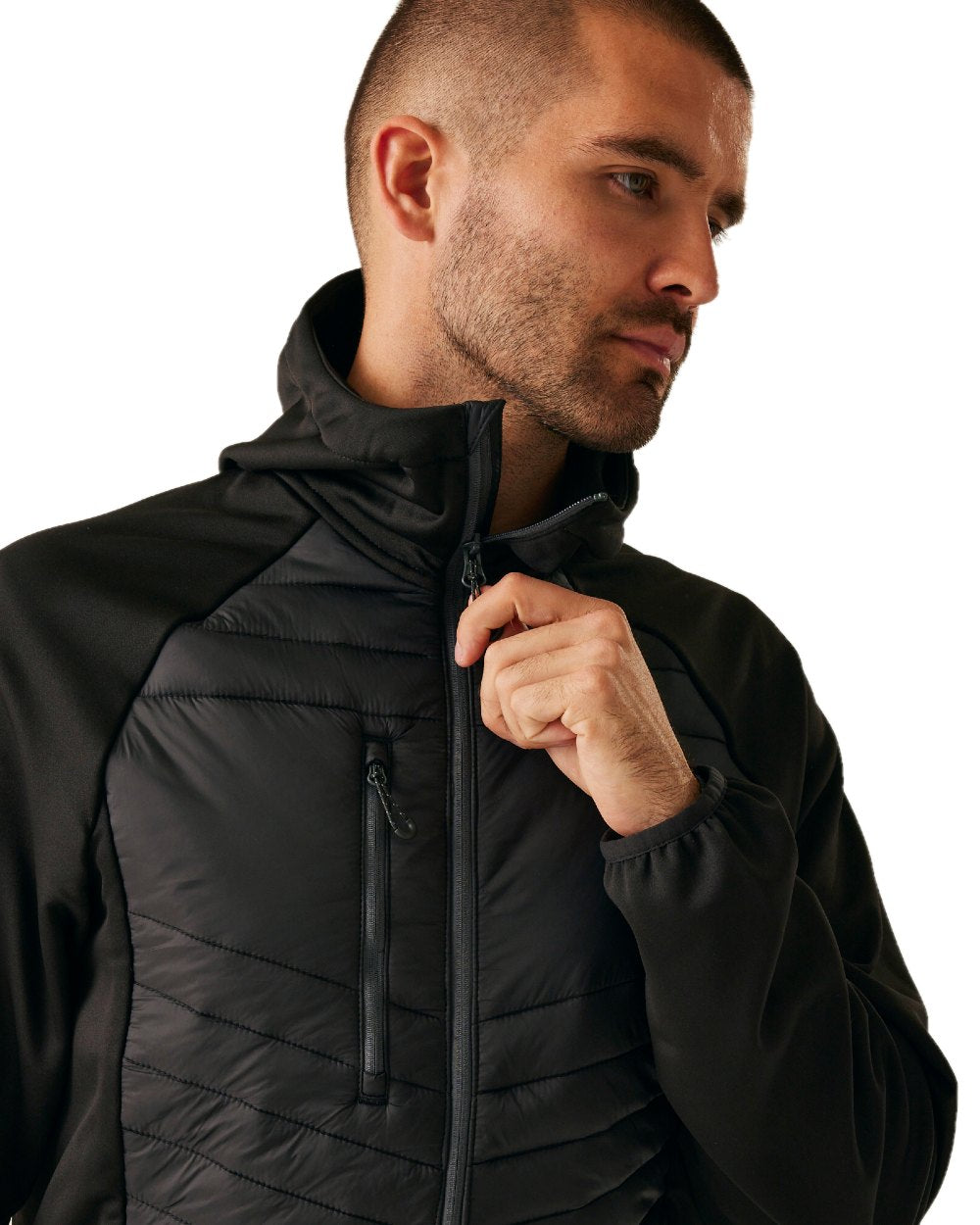 Black Seal Grey coloured Regatta Mens Navigate Hybrid Jacket on white background