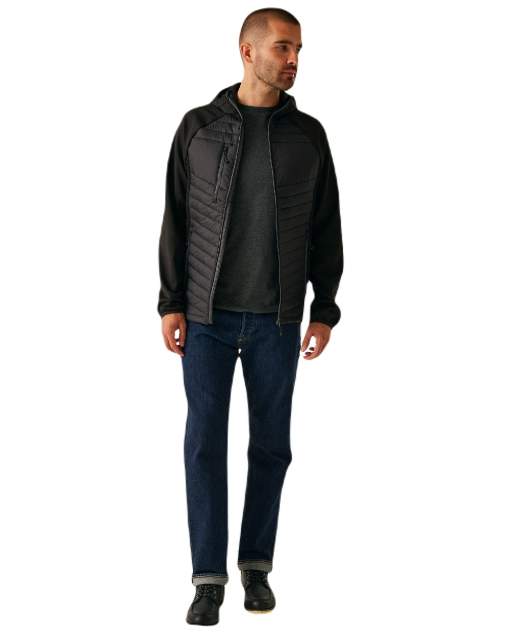 Black Seal Grey coloured Regatta Mens Navigate Hybrid Jacket on white background