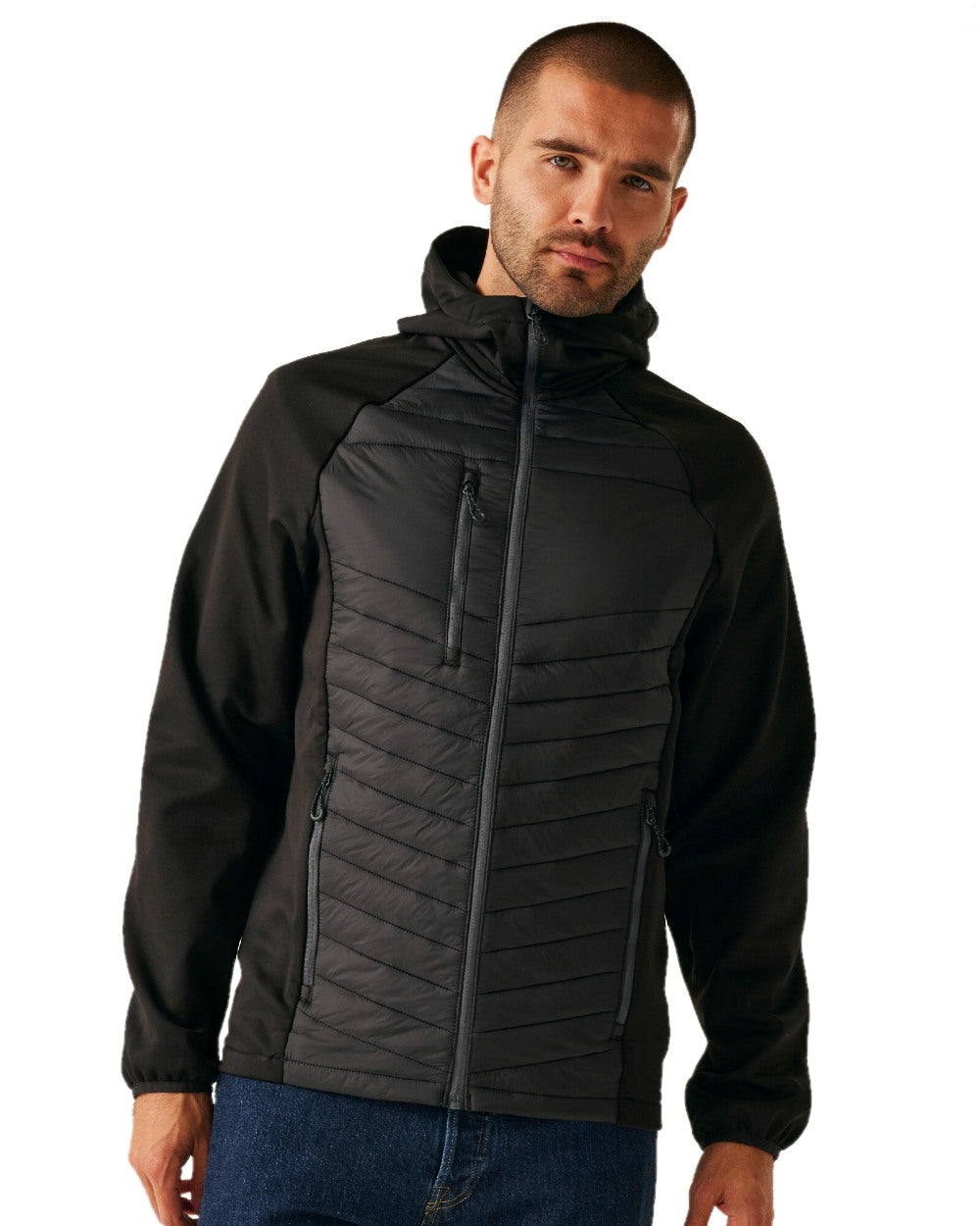 Black Seal Grey coloured Regatta Mens Navigate Hybrid Jacket on white background