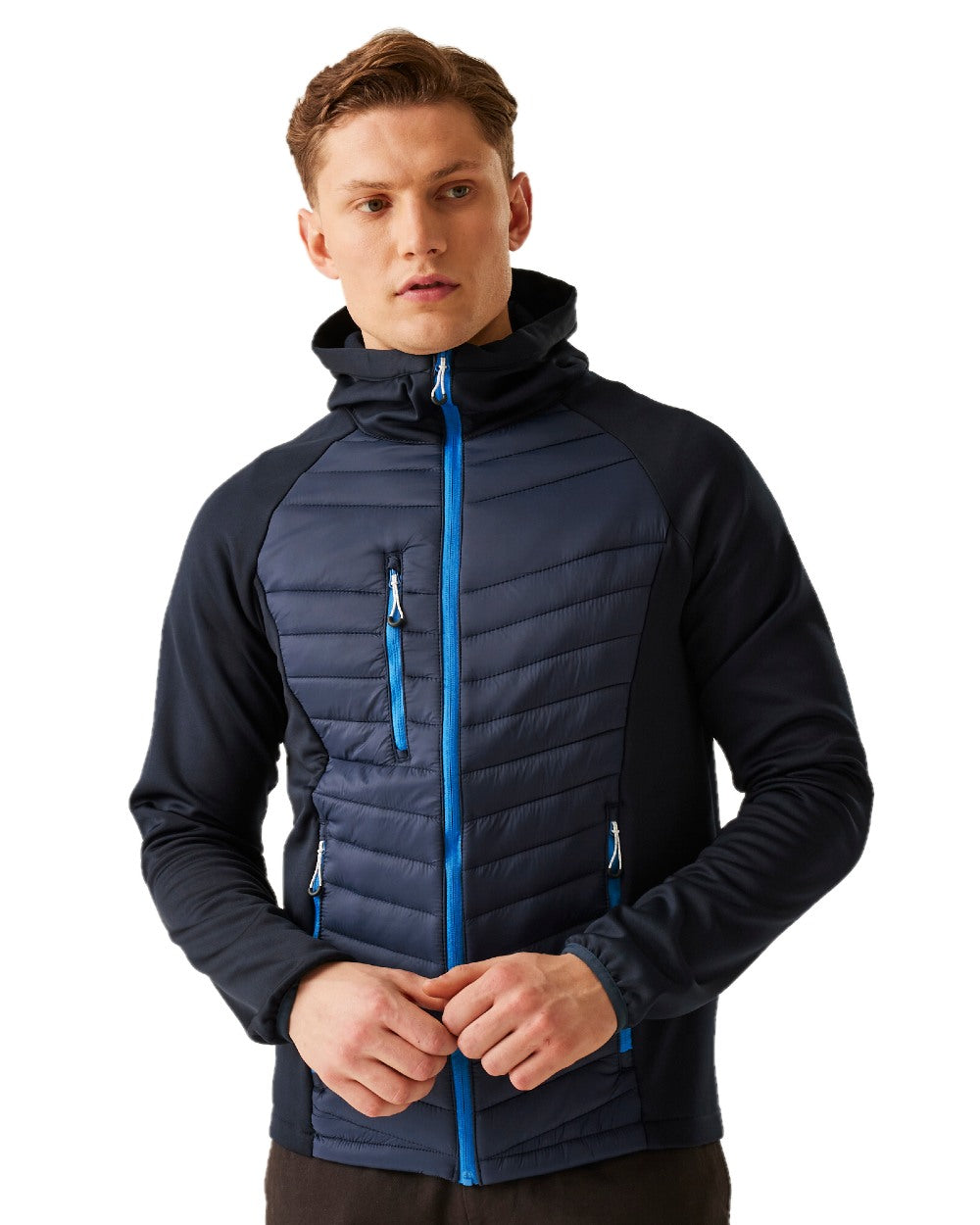 Navy French Blue coloured Regatta Mens Navigate Hybrid Jacket on white background