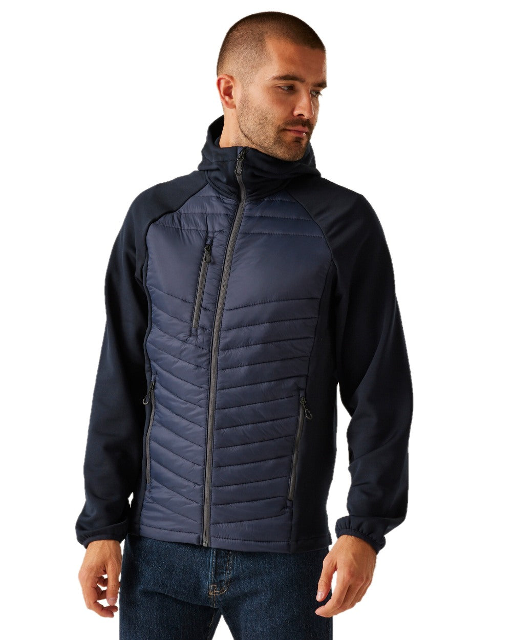 Navy Seal Grey coloured Regatta Mens Navigate Hybrid Jacket on white background
