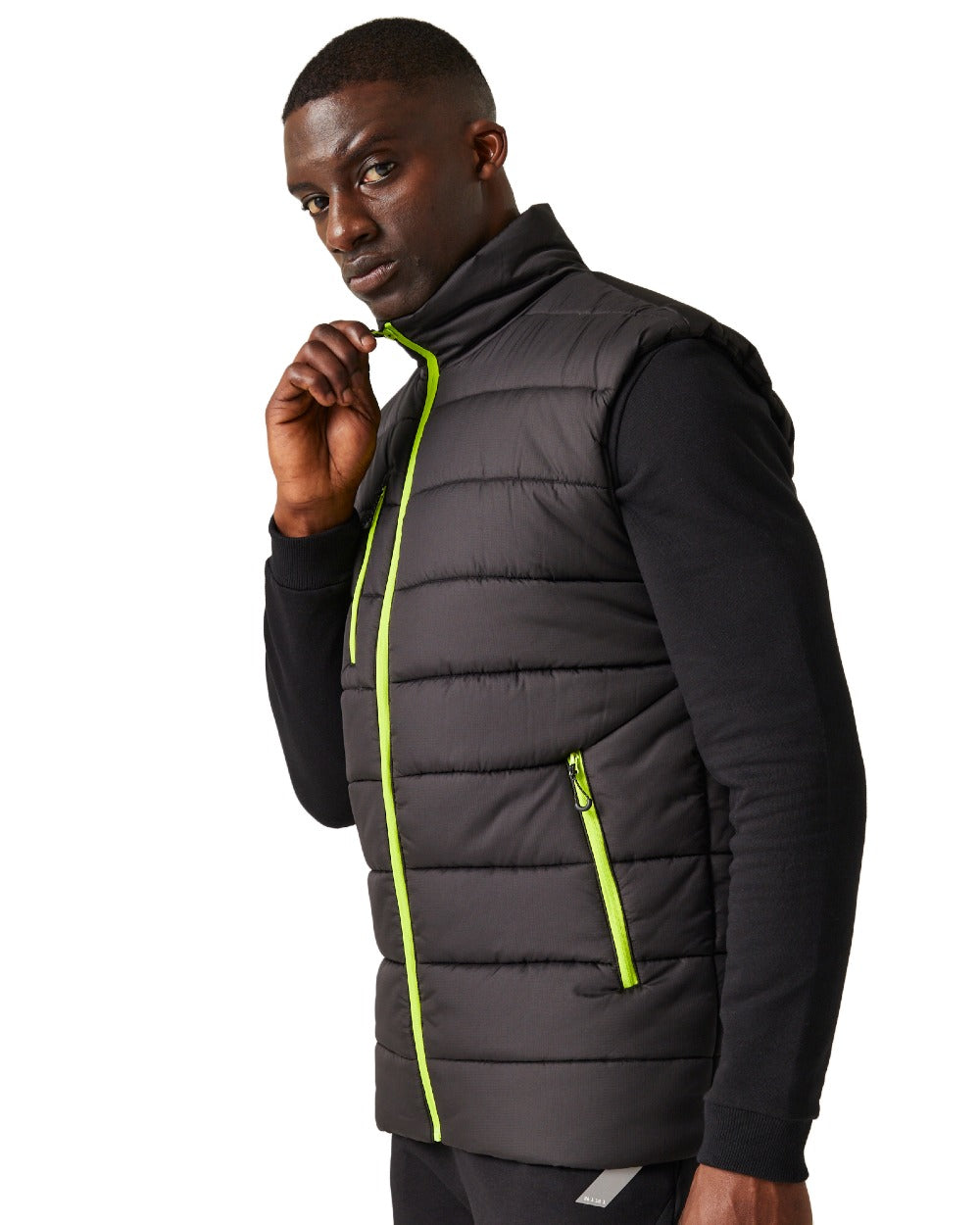 Black Lime Green coloured Regatta Mens Navigate Thermal Bodywarmer on white background
