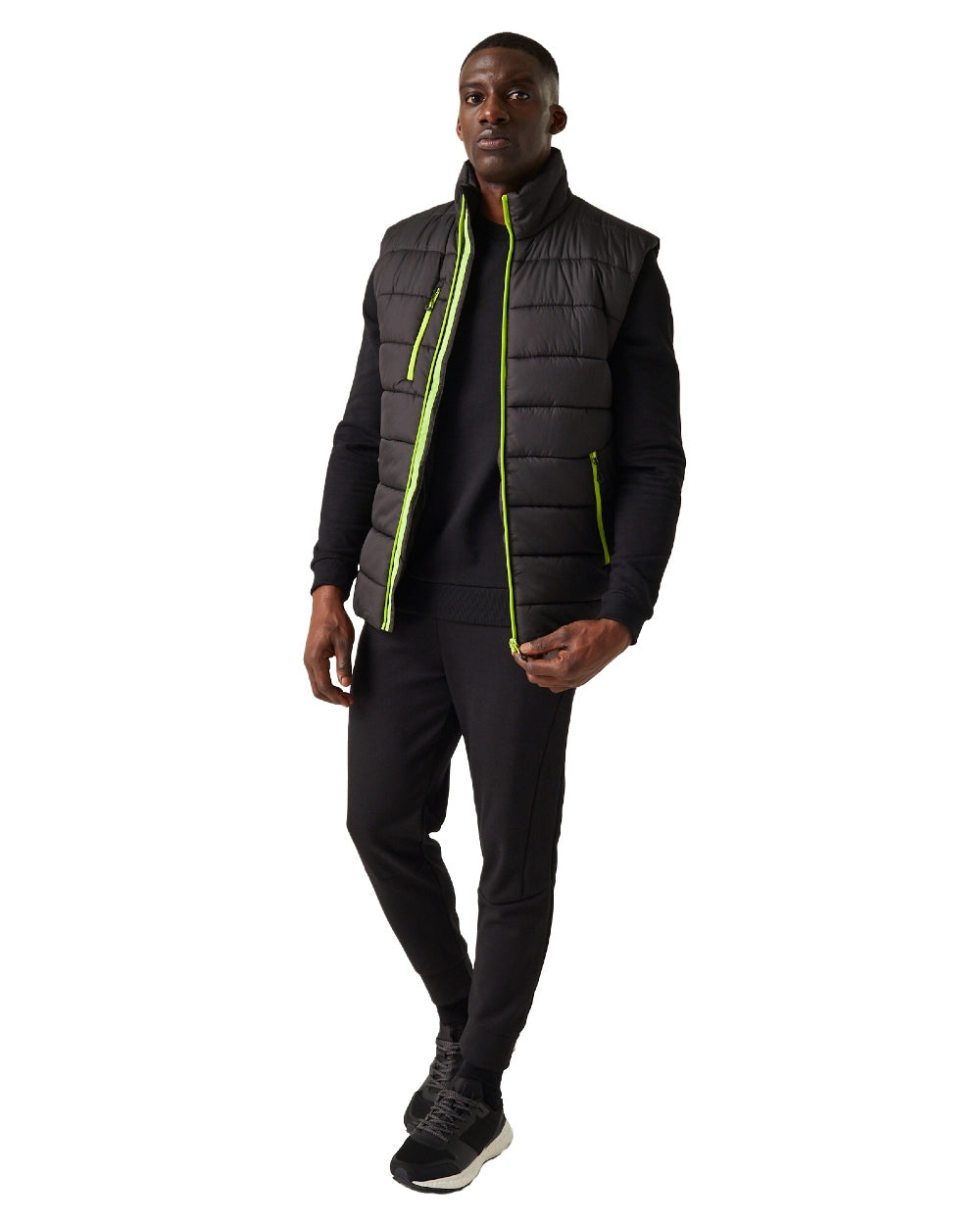 Black Lime Green coloured Regatta Mens Navigate Thermal Bodywarmer on white background