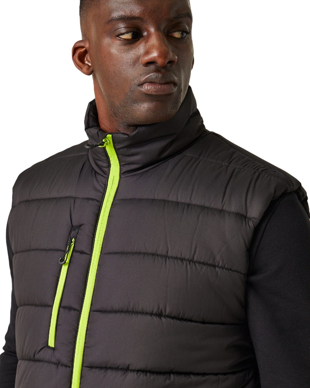 Black Lime Green coloured Regatta Mens Navigate Thermal Bodywarmer on white background