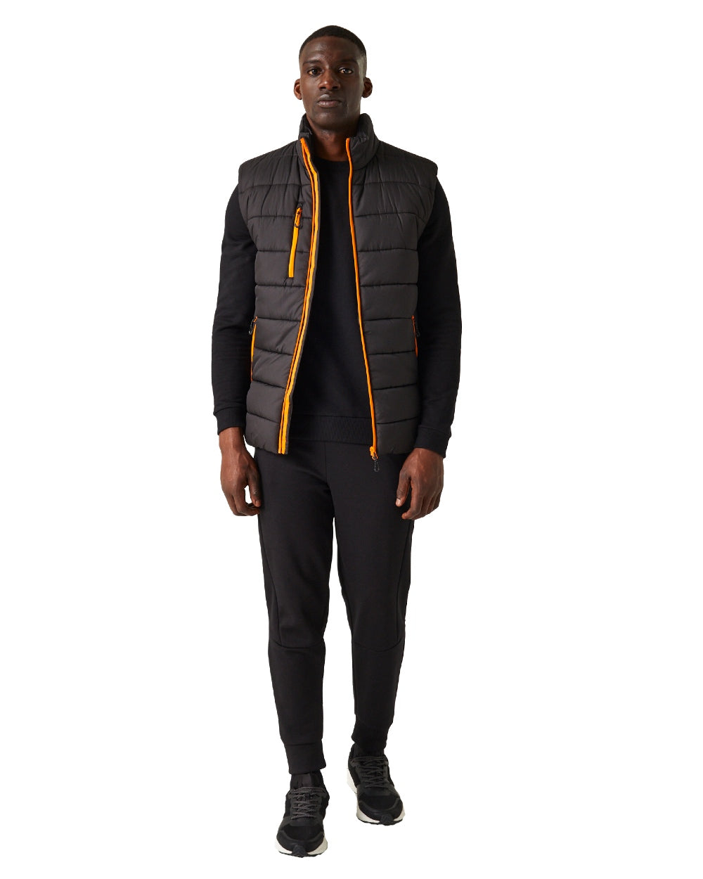 Black Orange Pop coloured Regatta Mens Navigate Thermal Bodywarmer on white background