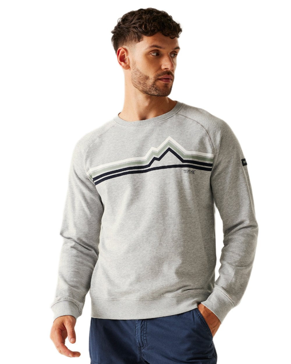Grey Marl Linear Mountain Coloured Regatta Mens Nithsdale Crewneck Sweatshirt on white background