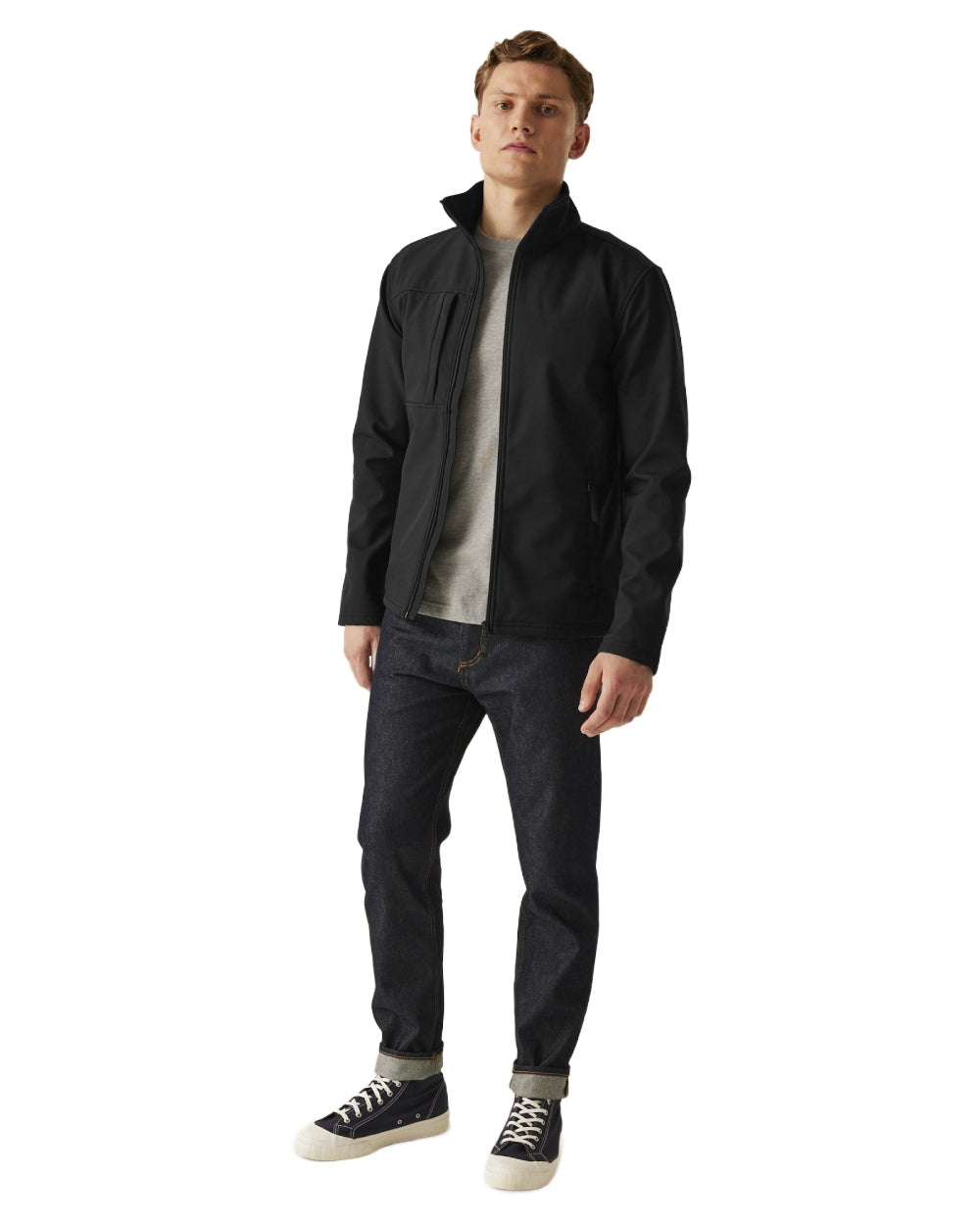 Black coloured Regatta Mens Octagon II Printable 3 Layer Membrane Softshell Jacket on white background