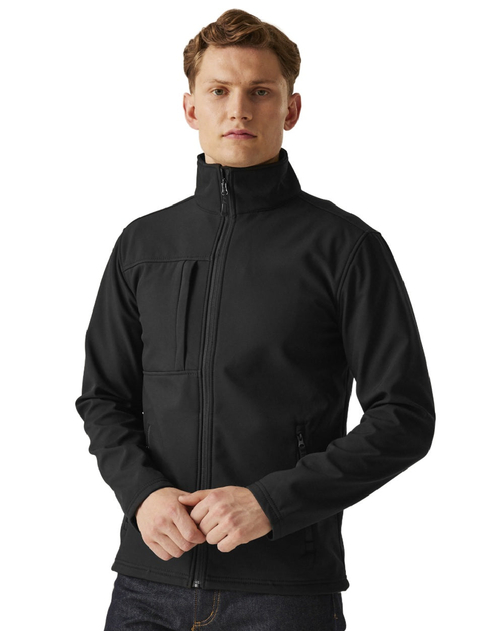 Black coloured Regatta Mens Octagon II Printable 3 Layer Membrane Softshell Jacket on white background