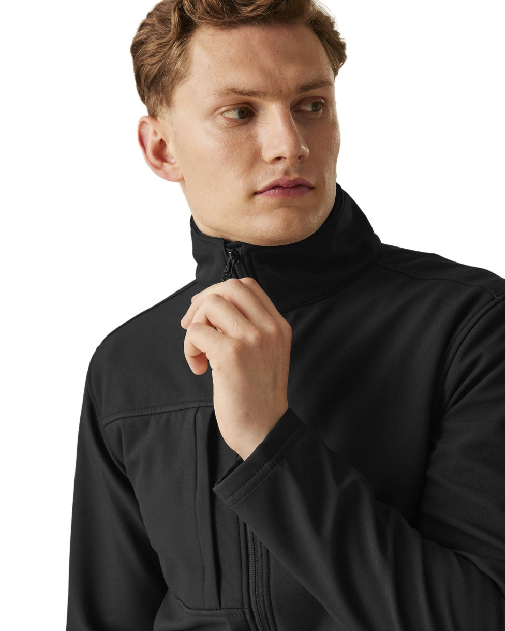 Black coloured Regatta Mens Octagon II Printable 3 Layer Membrane Softshell Jacket on white background