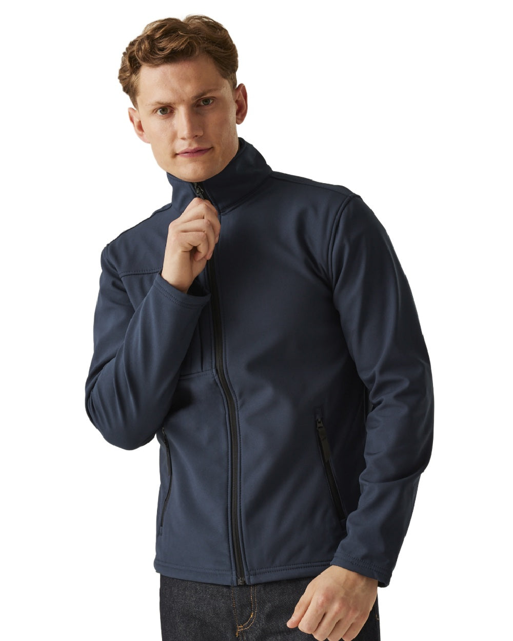 Navy Seal Grey coloured Regatta Mens Octagon II Printable 3 Layer Membrane Softshell Jacket on white background