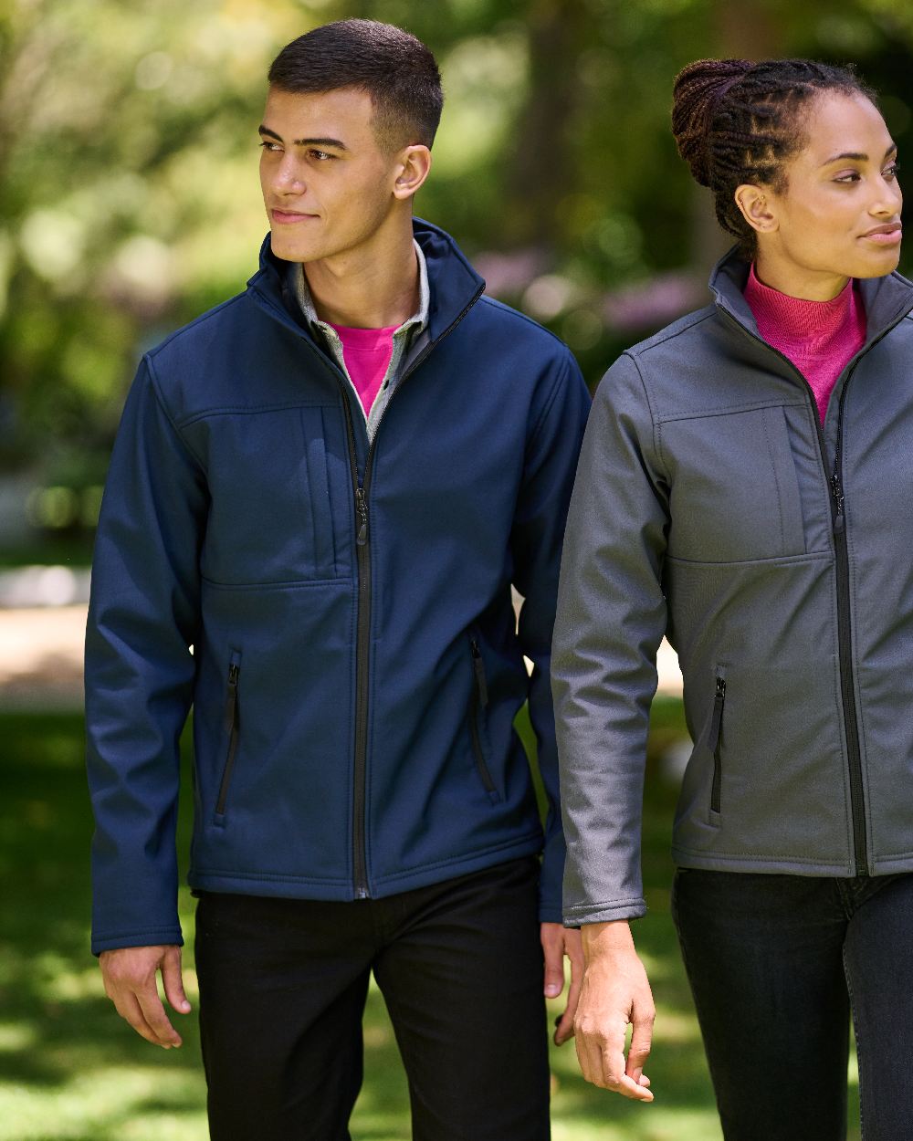 Navy Seal Grey coloured Regatta Mens Octagon II Printable 3 Layer Membrane Softshell Jacket on garden background