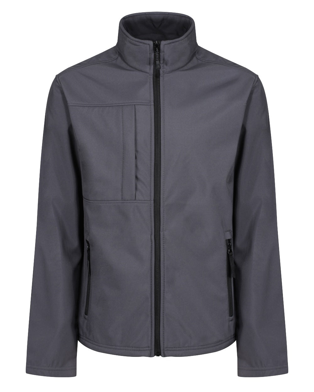 Seal Grey Black coloured Regatta Mens Octagon II Printable 3 Layer Membrane Softshell Jacket on white background