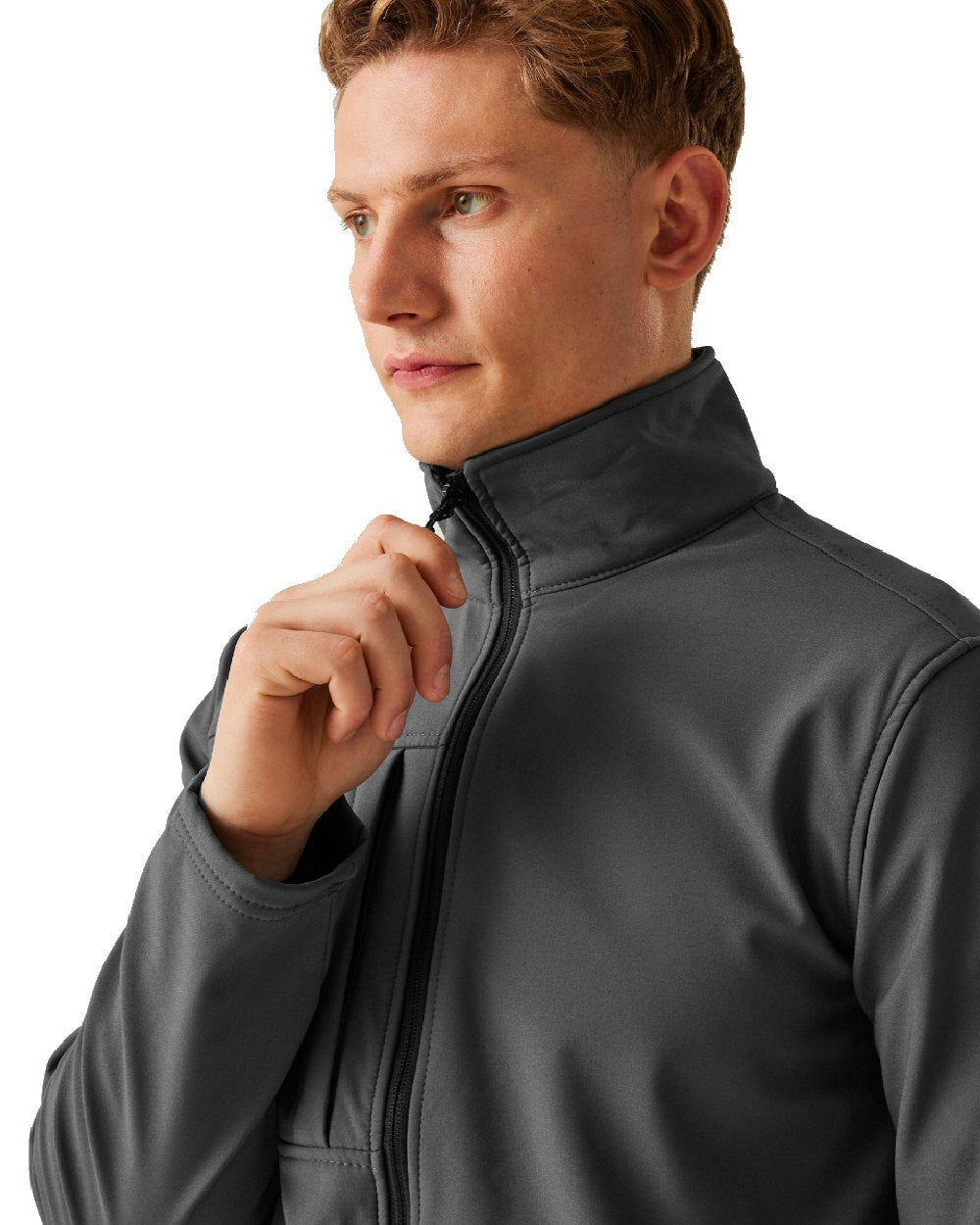 Seal Grey Black coloured Regatta Mens Octagon II Printable 3 Layer Membrane Softshell Jacket on white background
