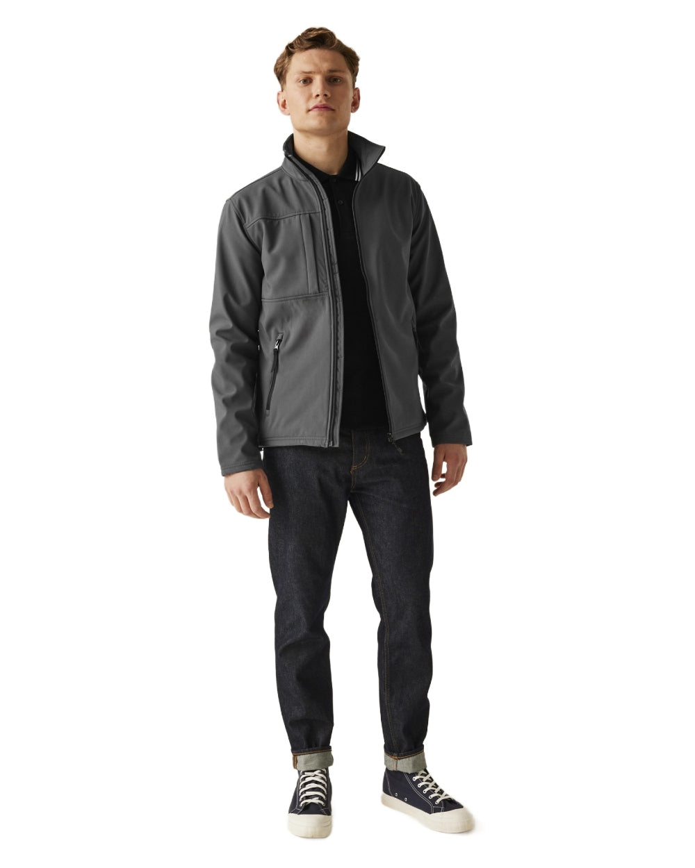 Seal Grey Black coloured Regatta Mens Octagon II Printable 3 Layer Membrane Softshell Jacket on white background