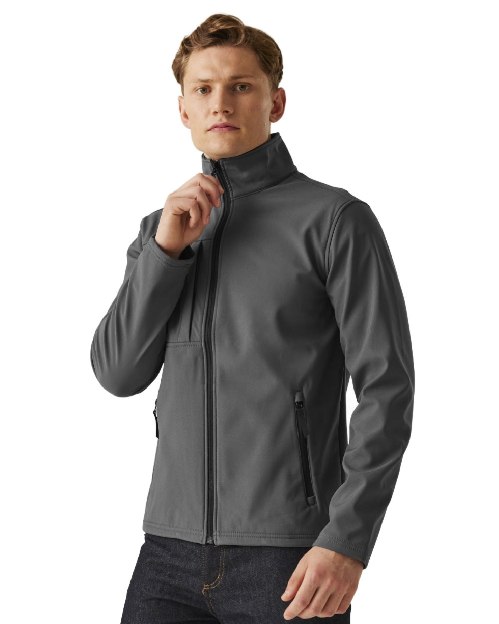 Seal Grey Black coloured Regatta Mens Octagon II Printable 3 Layer Membrane Softshell Jacket on white background