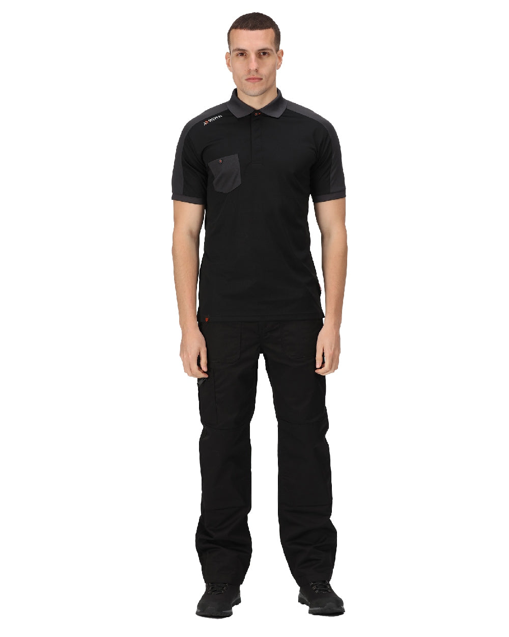 Black coloured Regatta Mens Offensive Moisture Wicking Polo Shirt on white background