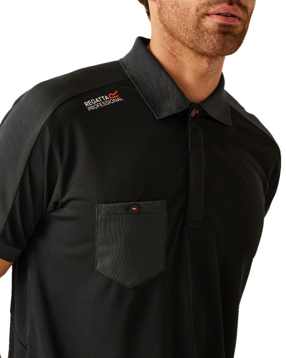 Black coloured Regatta Mens Offensive Moisture Wicking Polo Shirt on white background