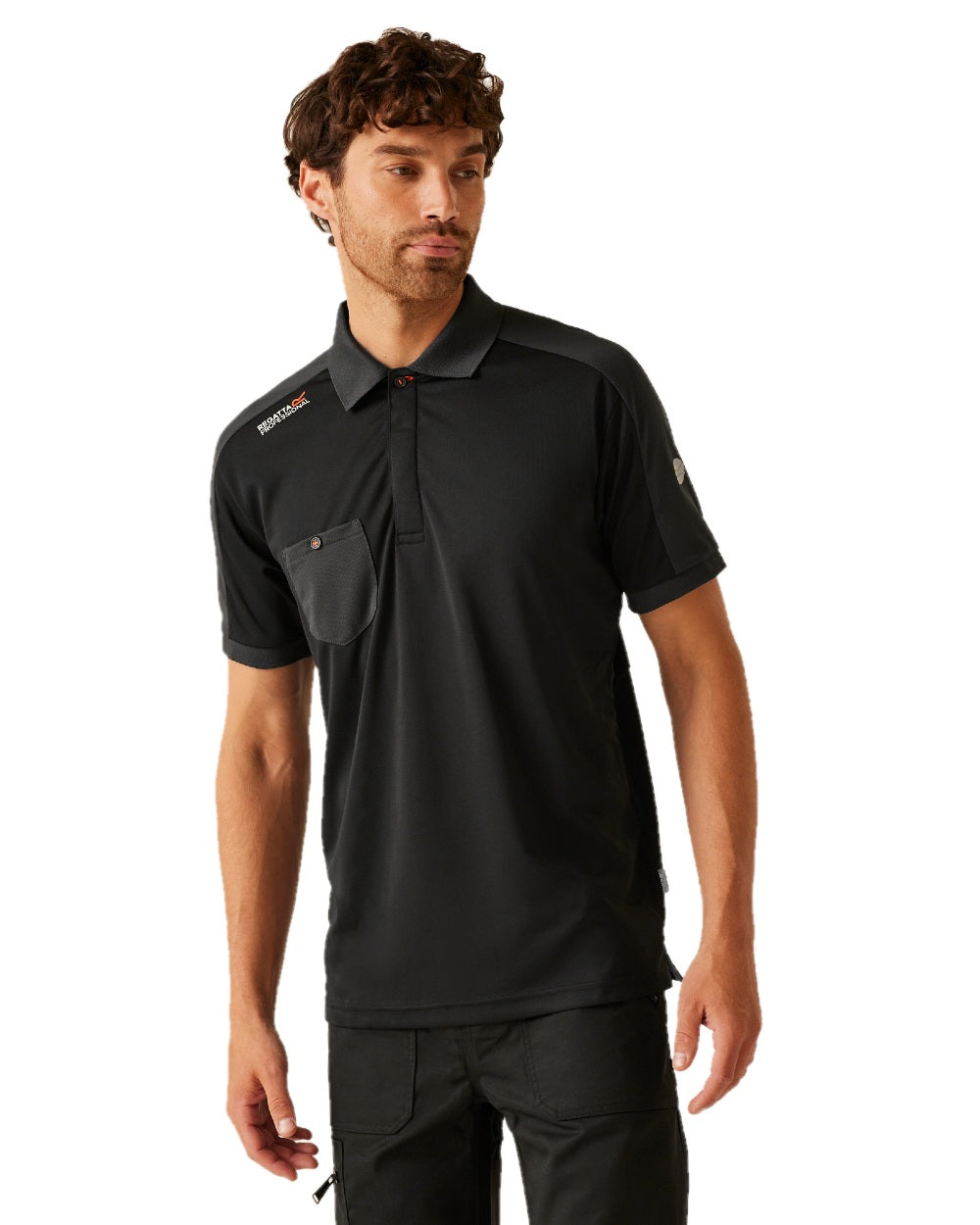 Black coloured Regatta Mens Offensive Moisture Wicking Polo Shirt on white background