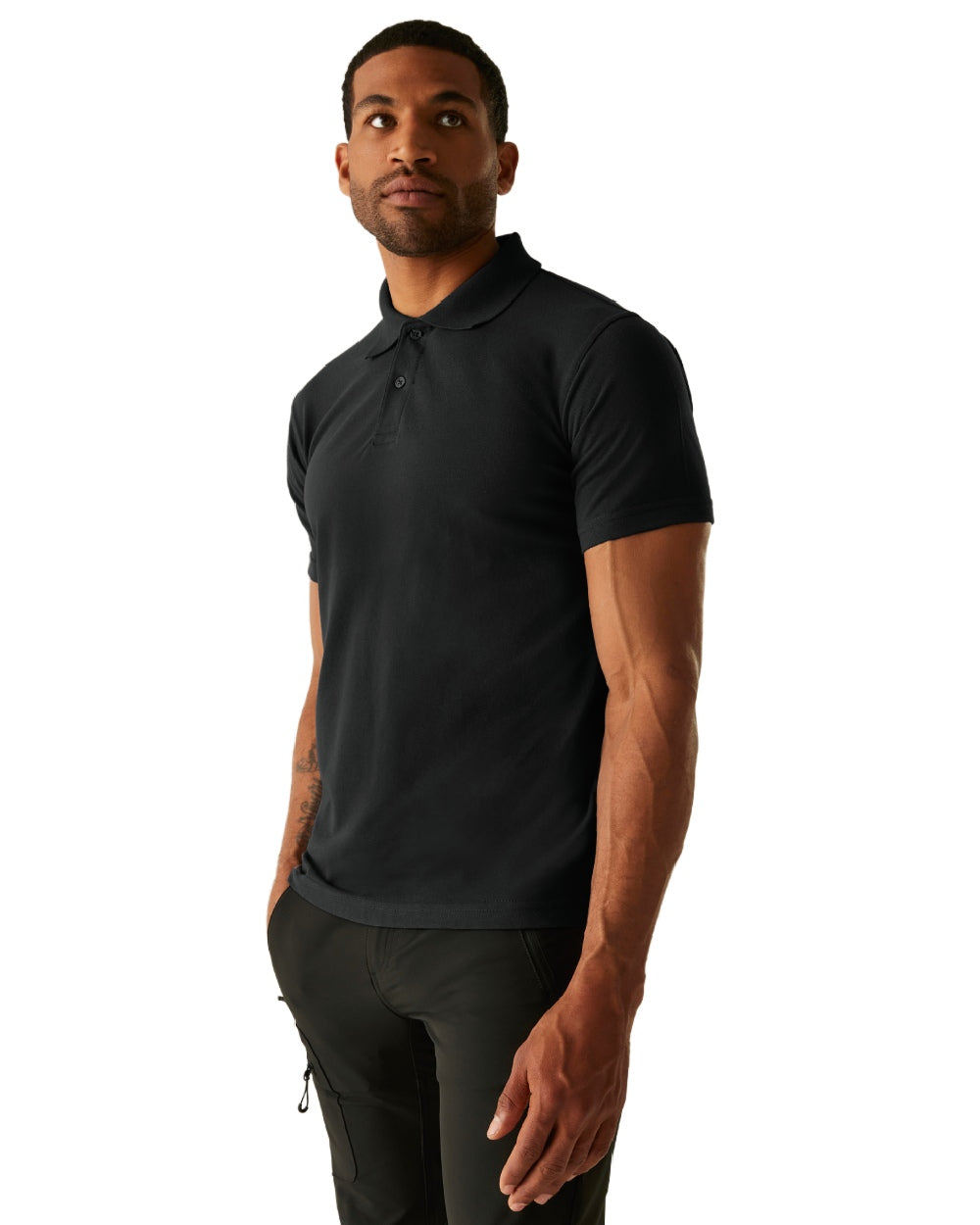 Black coloured Regatta Mens Pro 50/50 Pique Polo T-Shirt on white background