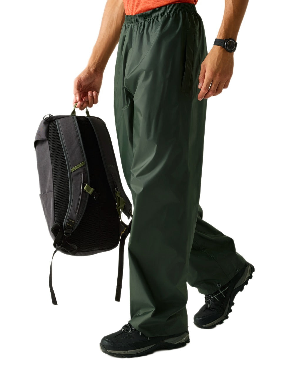 Dark Olive Coloured Regatta Mens Stormbreak Waterproof Overtrousers on white background