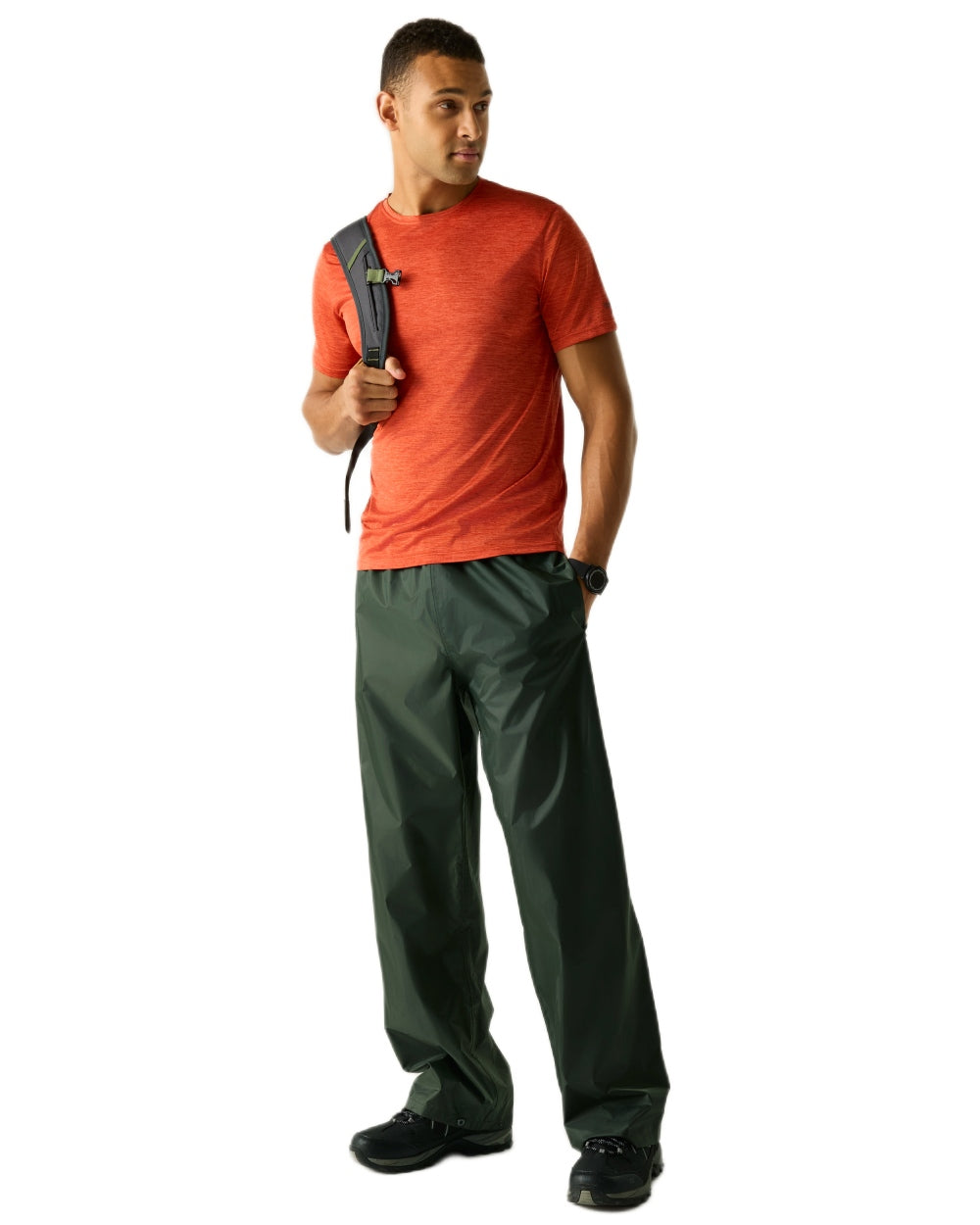 Dark Olive Coloured Regatta Mens Stormbreak Waterproof Overtrousers on white background