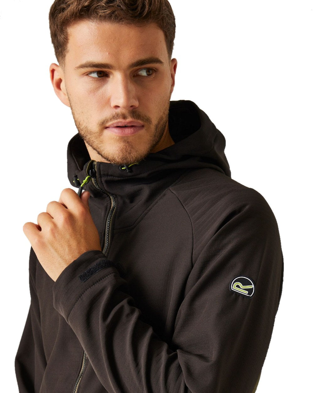 Dark Khaki Black coloured Regatta Mens Surrender Softshell Jacket on white background