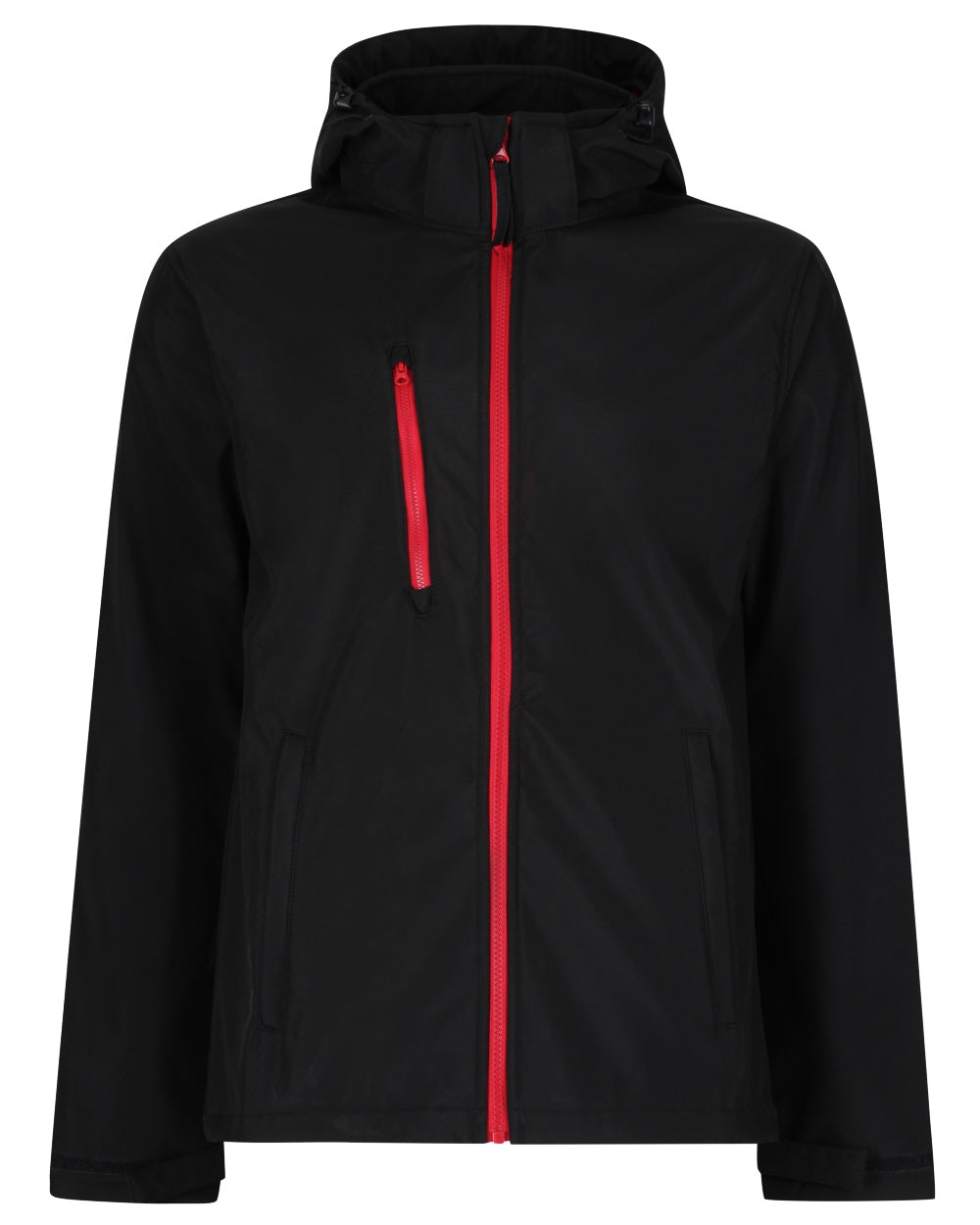 Black Classic Red coloured Regatta Mens Venturer 3 Layer Printable Hooded Softshell Jacket on white background