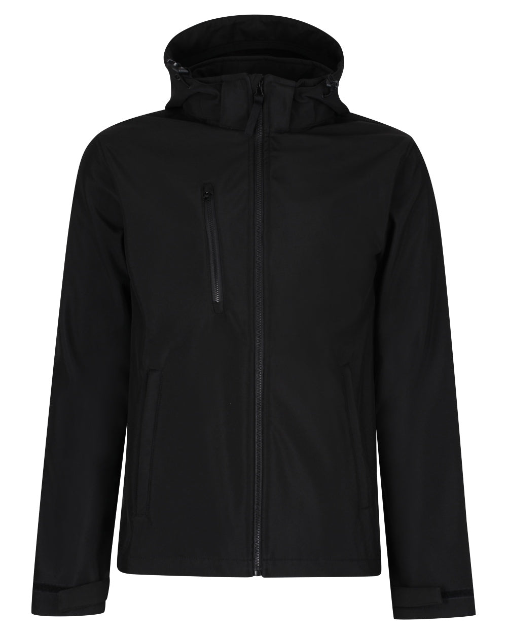 Black coloured Regatta Mens Venturer 3 Layer Printable Hooded Softshell Jacket on white background