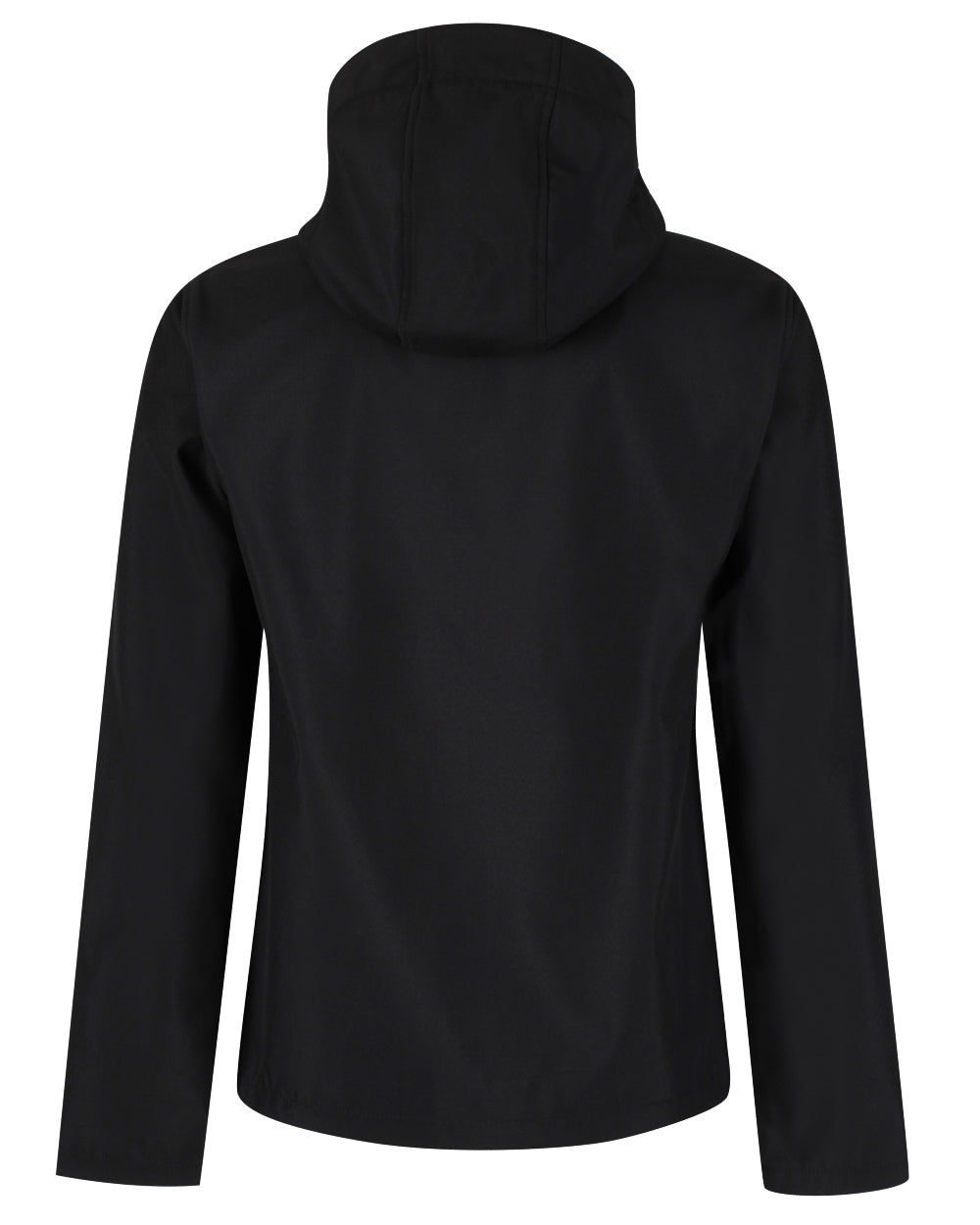 Black coloured Regatta Mens Venturer 3 Layer Printable Hooded Softshell Jacket on white background