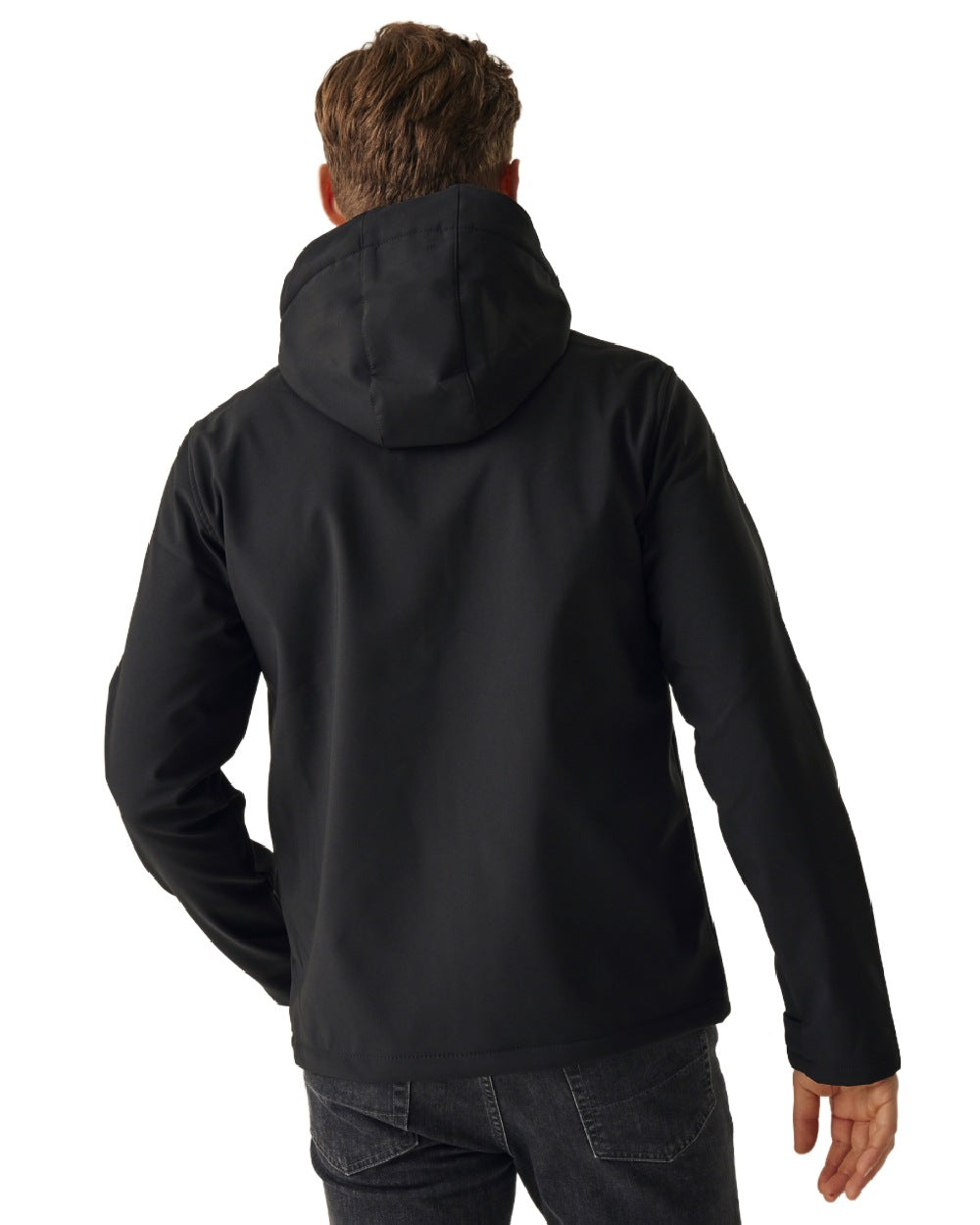 Black coloured Regatta Mens Venturer 3 Layer Printable Hooded Softshell Jacket on white background
