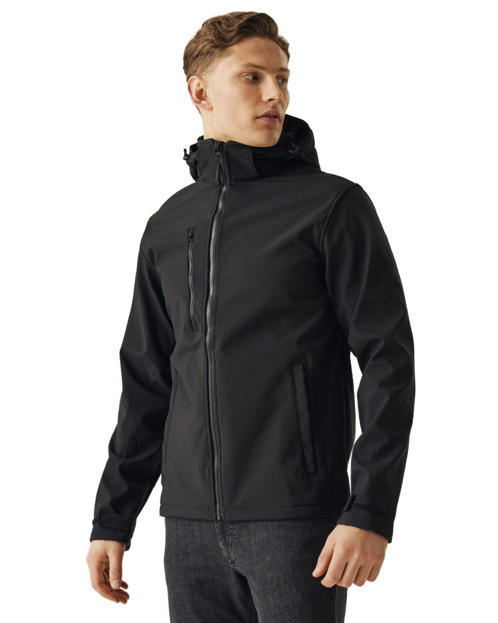 Black coloured Regatta Mens Venturer 3 Layer Printable Hooded Softshell Jacket on white background