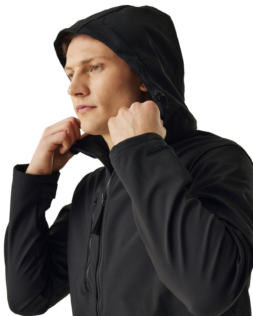 Black coloured Regatta Mens Venturer 3 Layer Printable Hooded Softshell Jacket on white background