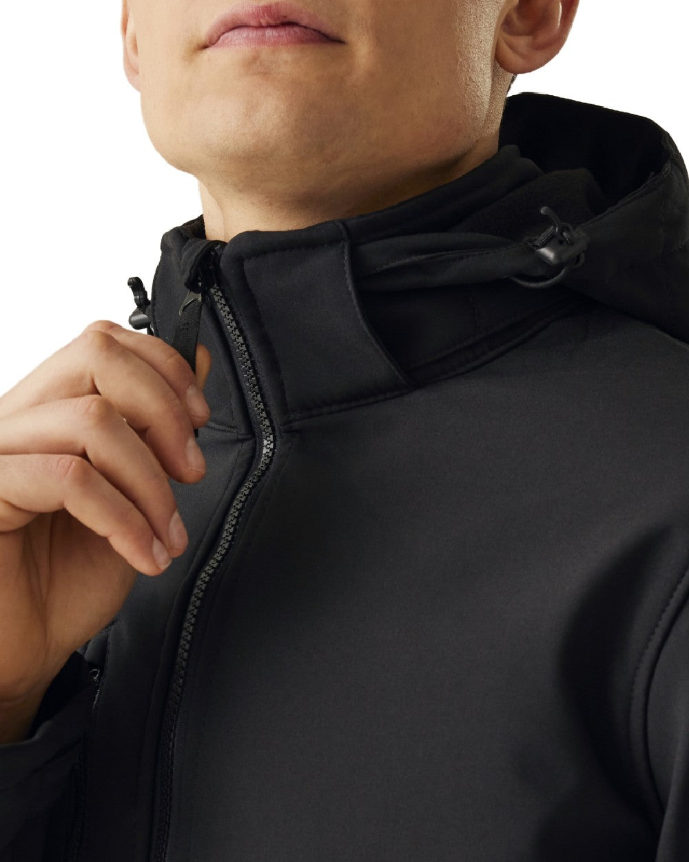 Black coloured Regatta Mens Venturer 3 Layer Printable Hooded Softshell Jacket on white background