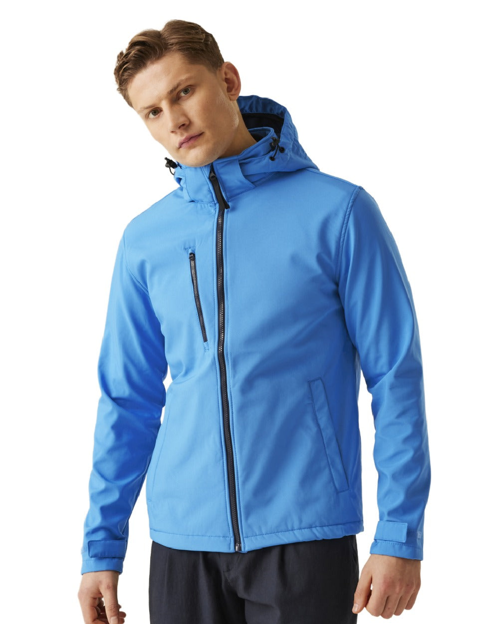 French Blue Navy coloured Regatta Mens Venturer 3 Layer Printable Hooded Softshell Jacket on white background
