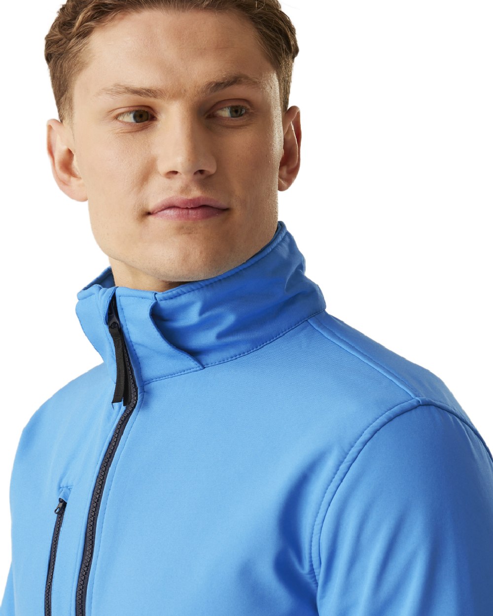 French Blue Navy coloured Regatta Mens Venturer 3 Layer Printable Hooded Softshell Jacket on white background