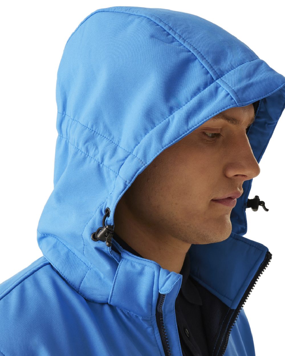 French Blue Navy coloured Regatta Mens Venturer 3 Layer Printable Hooded Softshell Jacket on white background