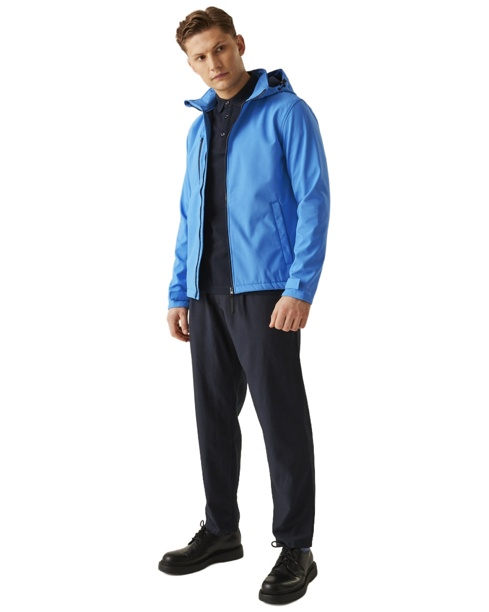 French Blue Navy coloured Regatta Mens Venturer 3 Layer Printable Hooded Softshell Jacket on white background