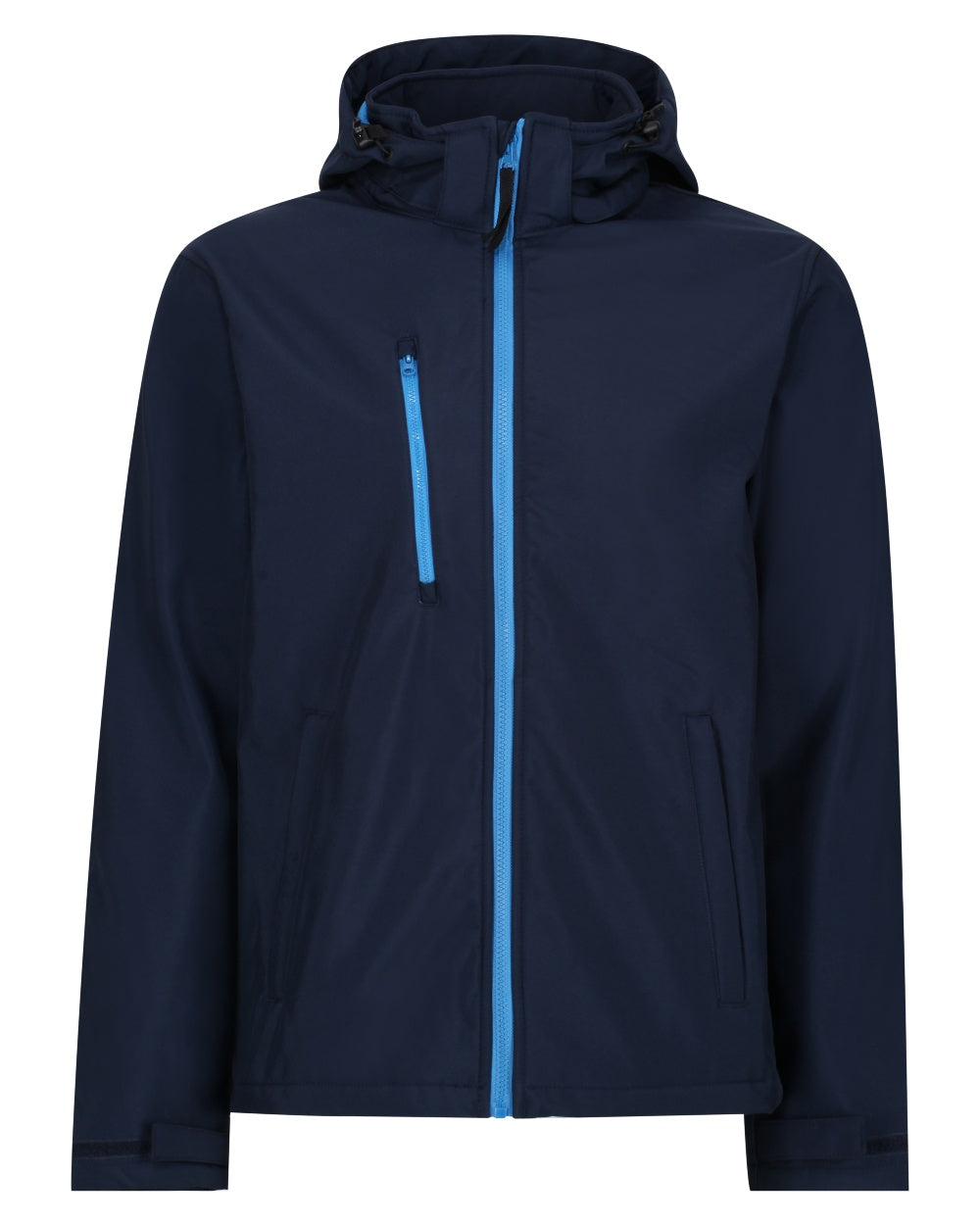 Navy French Blue coloured Regatta Mens Venturer 3 Layer Printable Hooded Softshell Jacket on white background