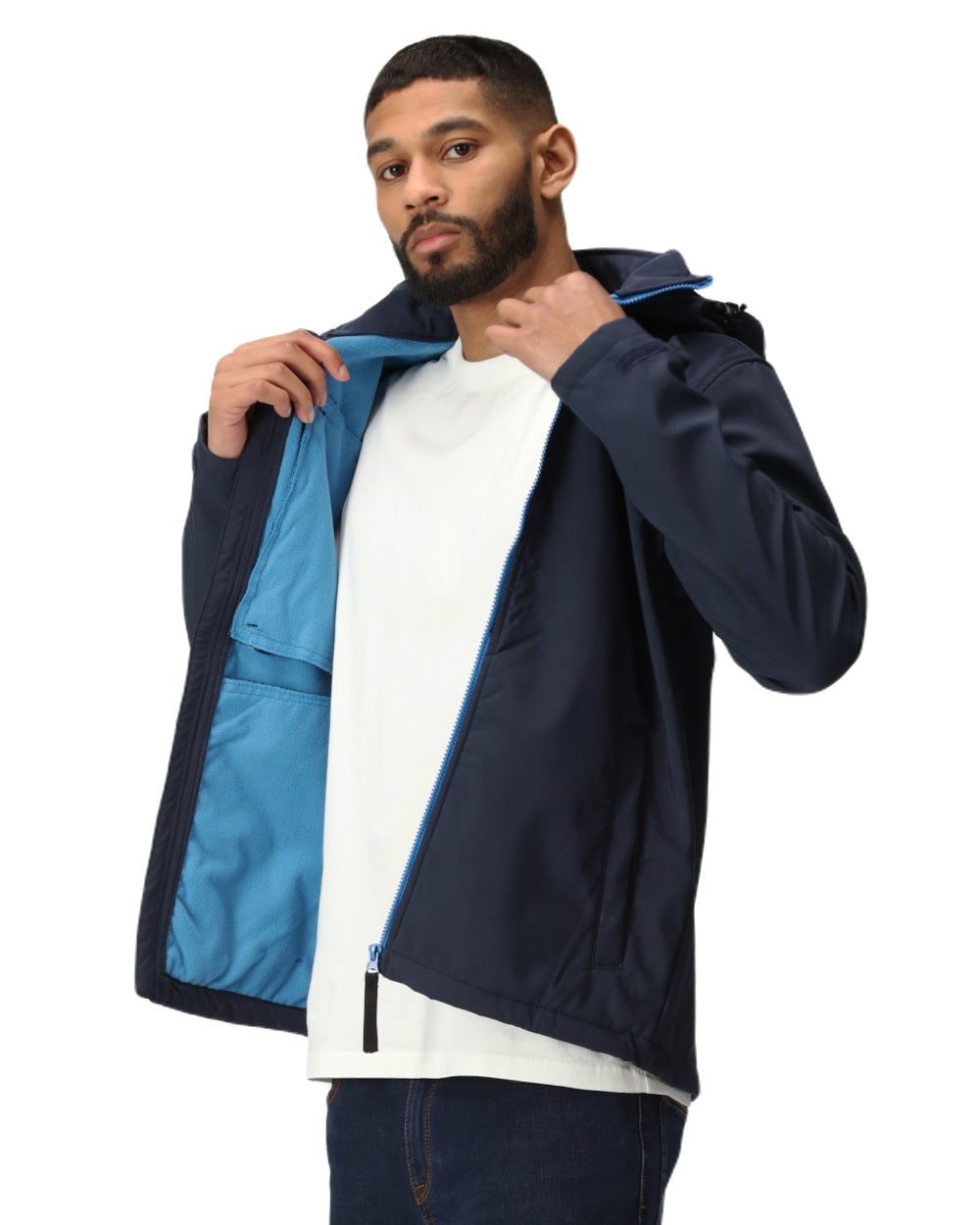 Navy French Blue coloured Regatta Mens Venturer 3 Layer Printable Hooded Softshell Jacket on white background