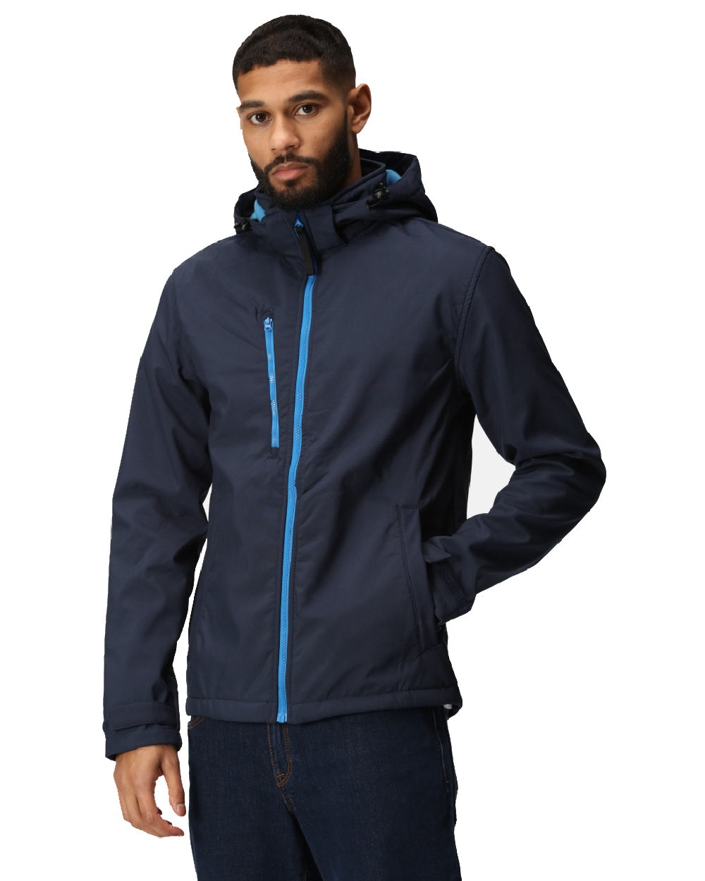 Navy French Blue coloured Regatta Mens Venturer 3 Layer Printable Hooded Softshell Jacket on white background