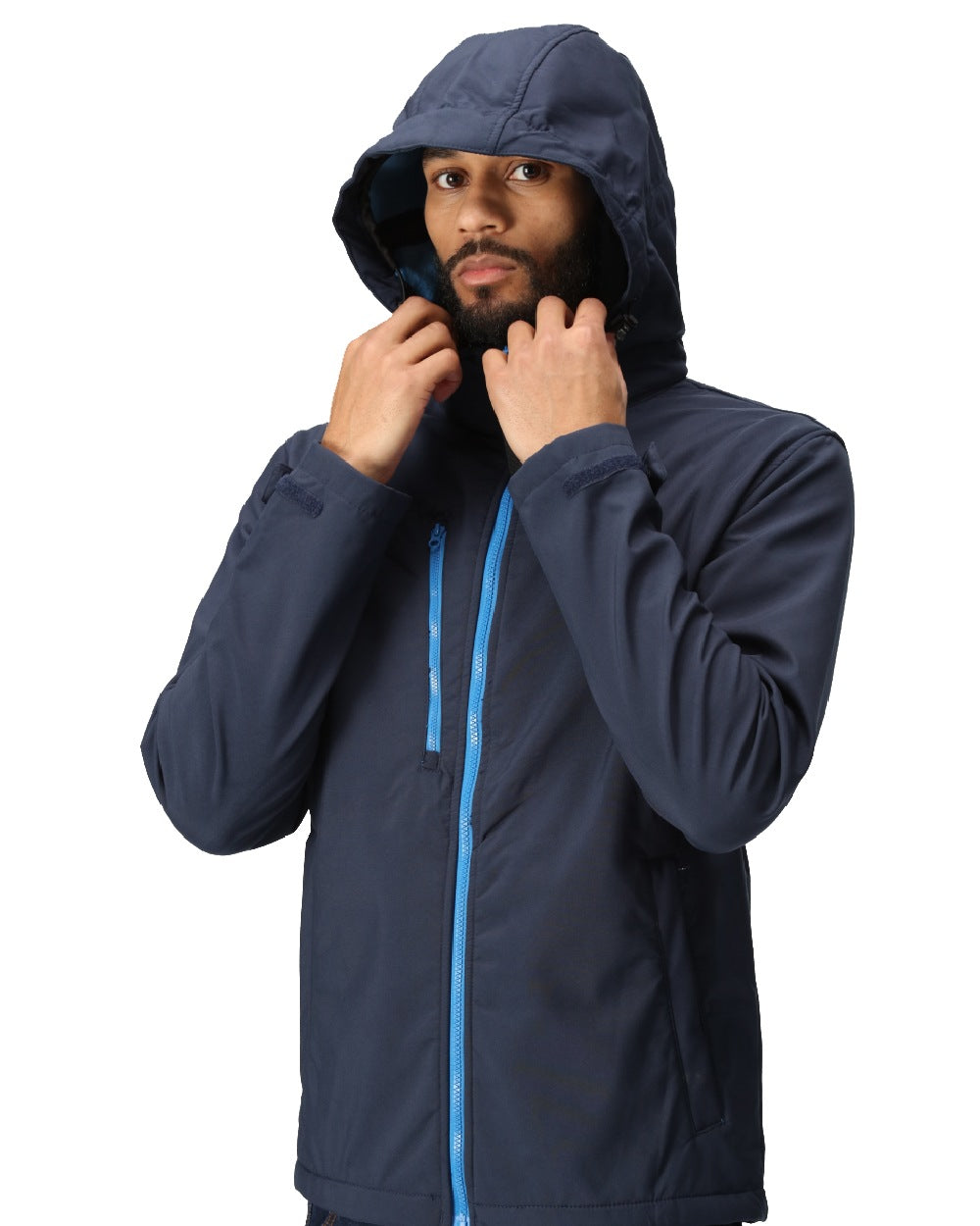 Navy French Blue coloured Regatta Mens Venturer 3 Layer Printable Hooded Softshell Jacket on white background