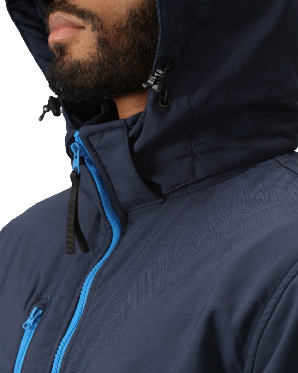 Navy French Blue coloured Regatta Mens Venturer 3 Layer Printable Hooded Softshell Jacket on white background