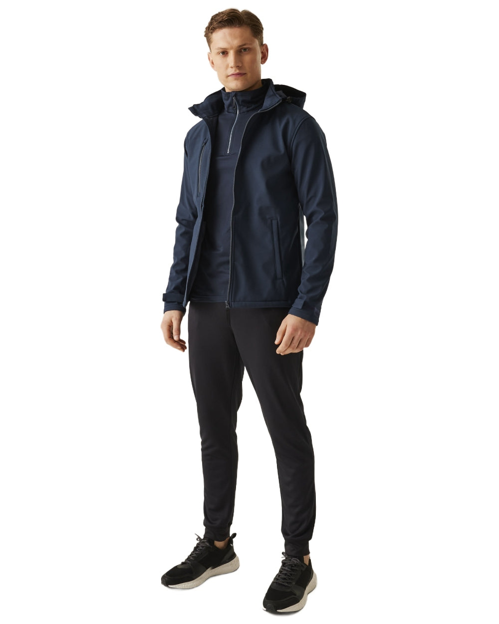 Navy coloured Regatta Mens Venturer 3 Layer Printable Hooded Softshell Jacket on white background