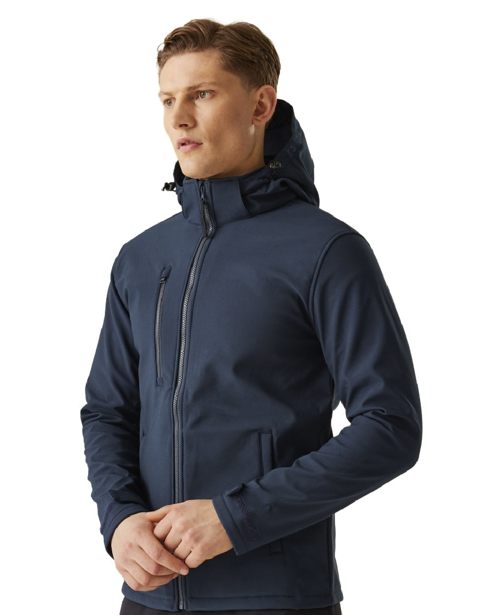 Navy coloured Regatta Mens Venturer 3 Layer Printable Hooded Softshell Jacket on white background