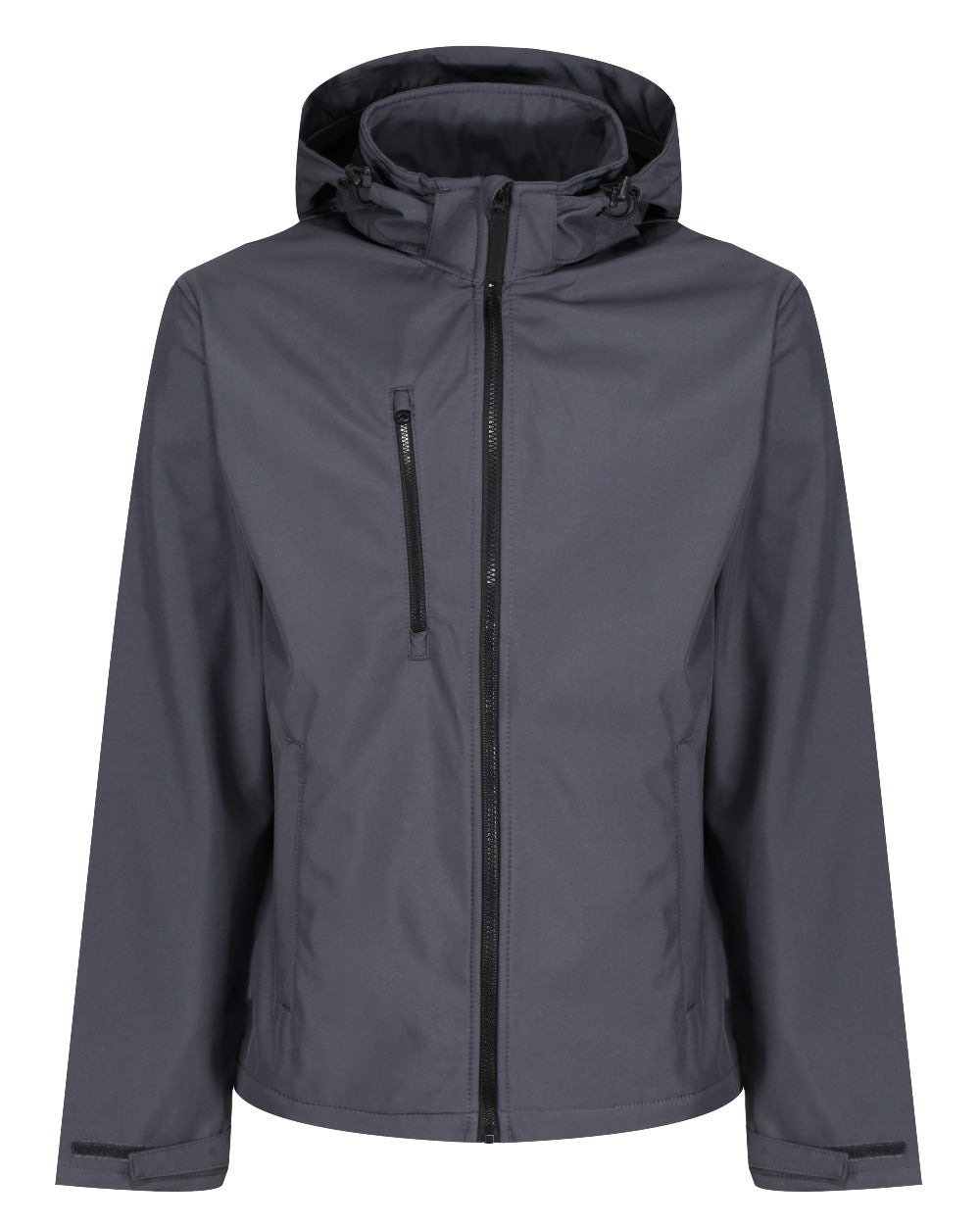 Seal Grey Black coloured Regatta Mens Venturer 3 Layer Printable Hooded Softshell Jacket on white background