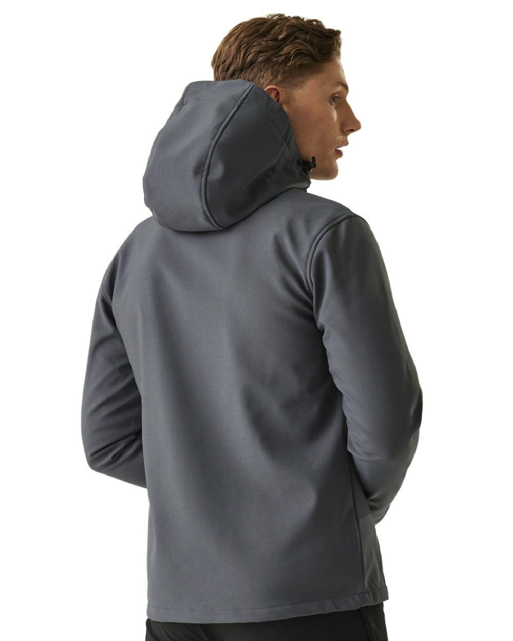 Seal Grey Black coloured Regatta Mens Venturer 3 Layer Printable Hooded Softshell Jacket on white background