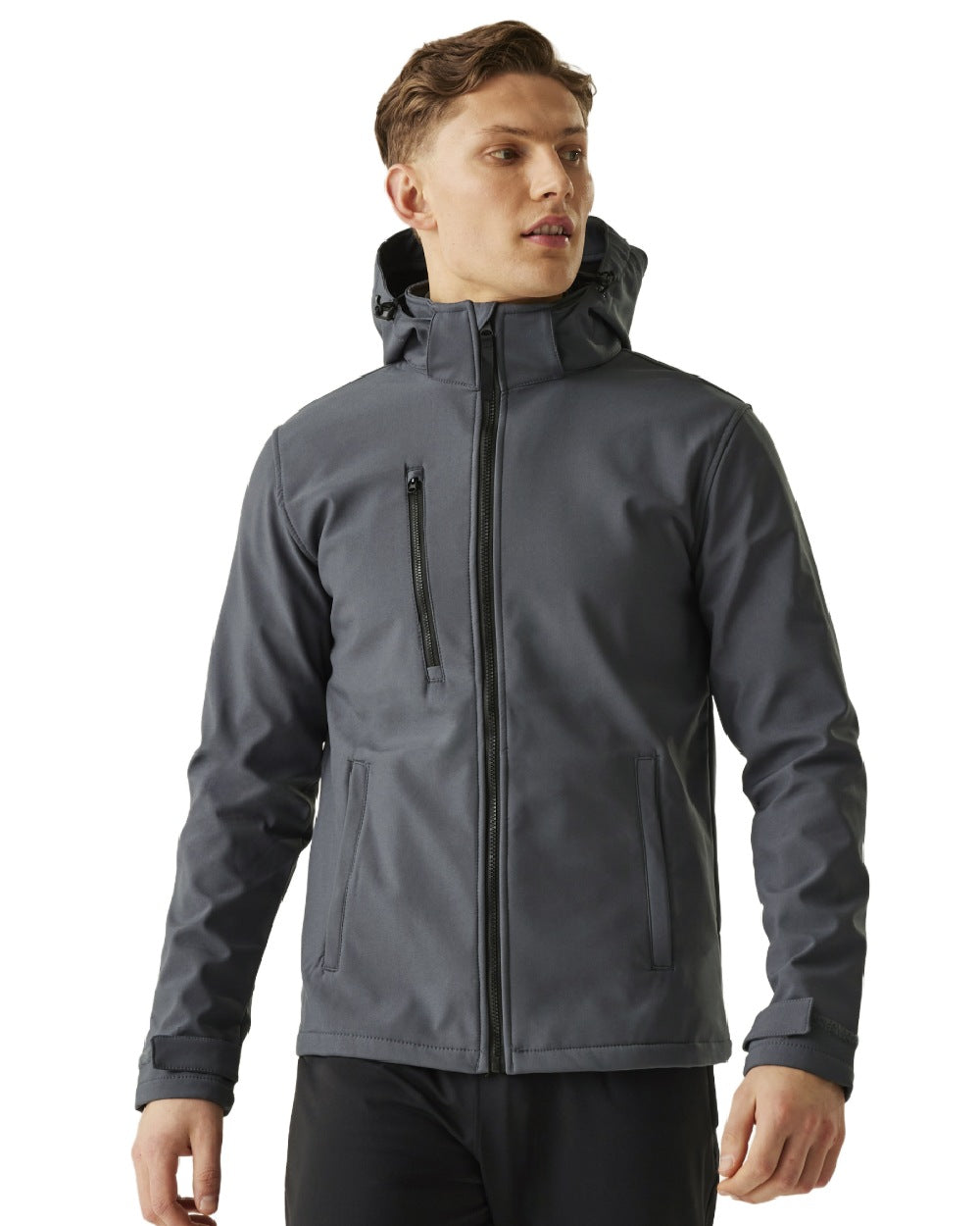 Seal Grey Black coloured Regatta Mens Venturer 3 Layer Printable Hooded Softshell Jacket on white background