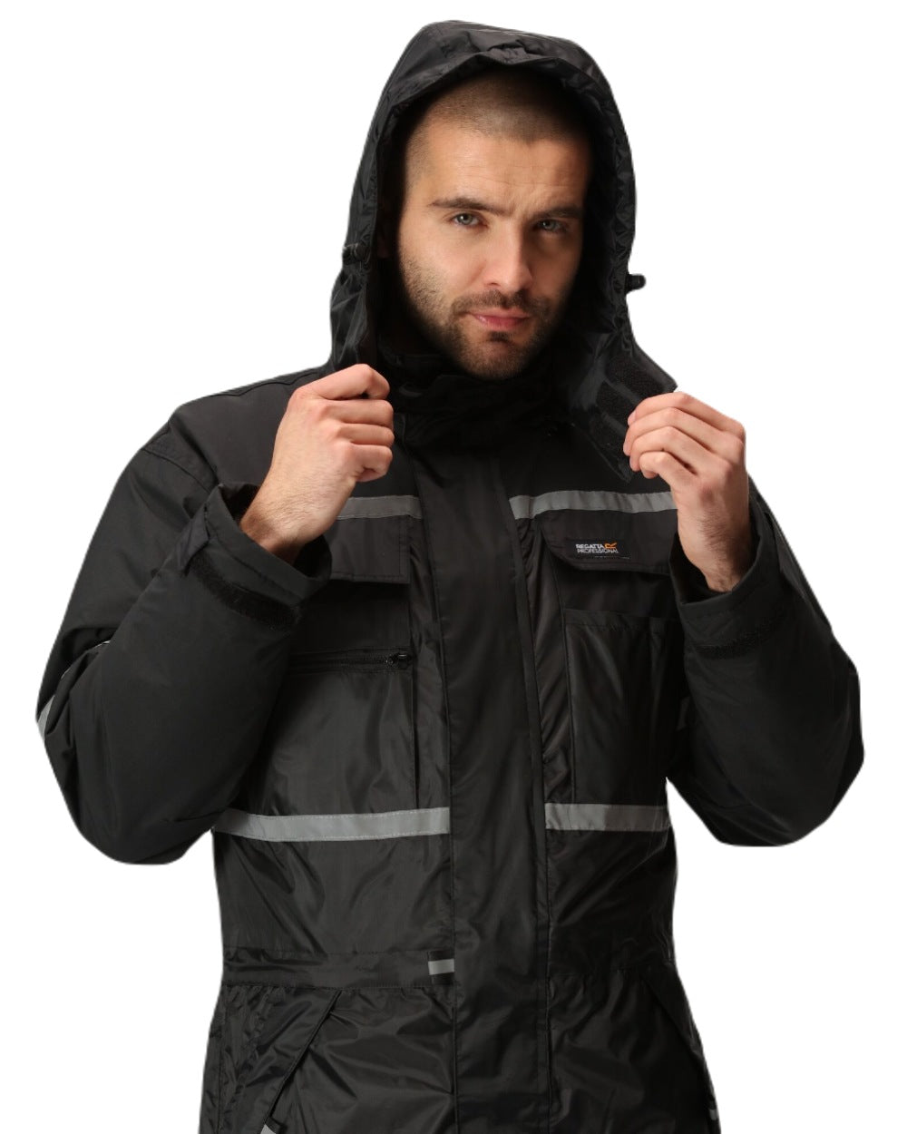 Black coloured Regatta Pro Waterproof Insulated Coverall on white background