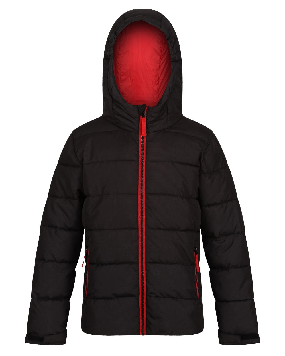 Black Classic Red coloured Regatta Professional Childrens Thermal Jacket on white background